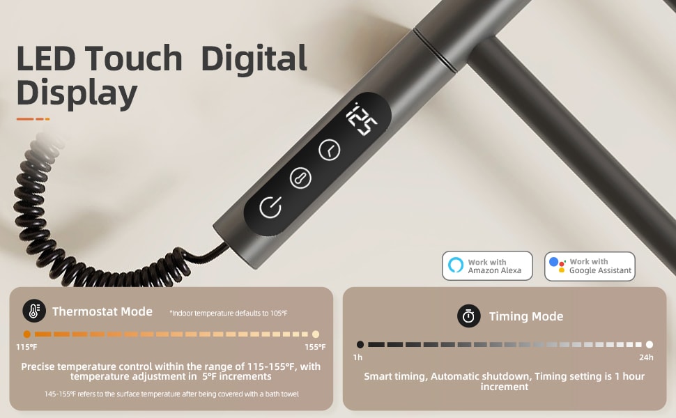 SIOYIE Smart Rotating Heated Towel Rack For Bathroom, Wall-Mounted Electric Towel Dryer With Swivel Bars, Smart Timer, Low Carbon Steel, IPX5, Plug-in/Hardwired, Towel Warmer With Wi-Fi App ControlW_voghion.com